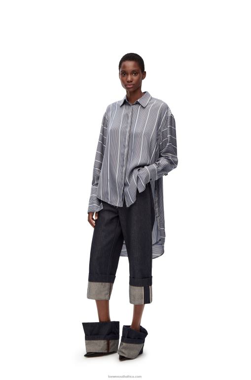 Loewe Women Stripe trompe l'oeil shirt in silk 206XF923 Grey/Navy Blue