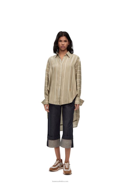 Loewe Women Stripe trompe l'oeil shirt in silk 206XF924 Light Khaki G/Dark Khaki G