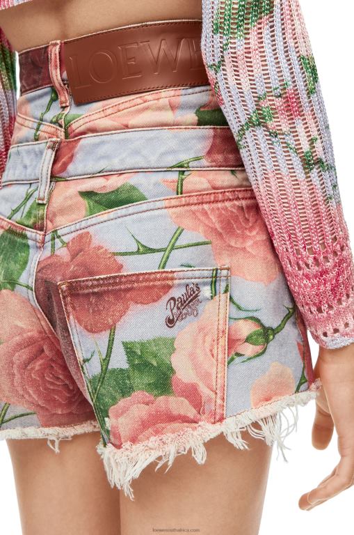 Loewe Women Roses shorts in denim 206XF1167 Pink/Red