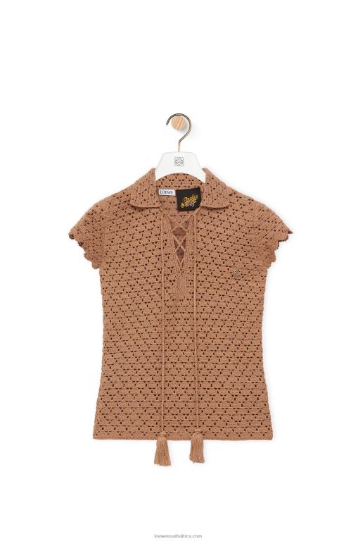 Loewe Women Crochet polo top in cotton 206XF867 Beige