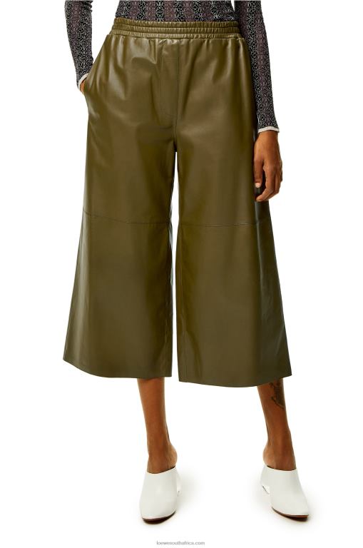 Loewe Women Cropped trousers in nappa lambskin 206XF1140 Dark Khaki Green