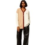 Loewe Women Anagram asymmetric cardigan in wool 206XF1009 Ecru/Camel