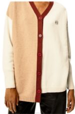 Loewe Women Anagram asymmetric cardigan in wool 206XF1009 Ecru/Camel - Image 4