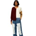 Loewe Women Anagram Asymmetric sweater in wool 206XF1010 Brandy/Burgundy/Cream