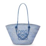 Loewe Women Anagram Basket bag in iraca palm and calfskin 206XF1 Denim Blue