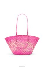 Loewe Women Anagram basket bag in iraca palm and calfskin 206XF70 Fuchsia