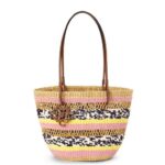 Loewe Women Basket Tote in elephant grass and calfskin 206XF94 Natural/Pink Tulip
