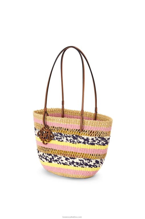 Loewe Women Basket Tote in elephant grass and calfskin 206XF94 Natural/Pink Tulip - Image 3