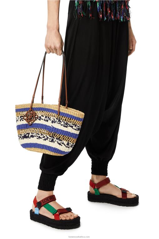 Loewe Women Basket Tote in elephant grass and calfskin 206XF95 Natural/Blue - Image 2