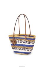 Loewe Women Basket Tote in elephant grass and calfskin 206XF95 Natural/Blue - Image 3