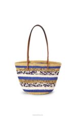 Loewe Women Basket Tote in elephant grass and calfskin 206XF95 Natural/Blue - Image 4