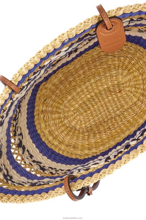 Loewe Women Basket Tote in elephant grass and calfskin 206XF95 Natural/Blue - Image 5