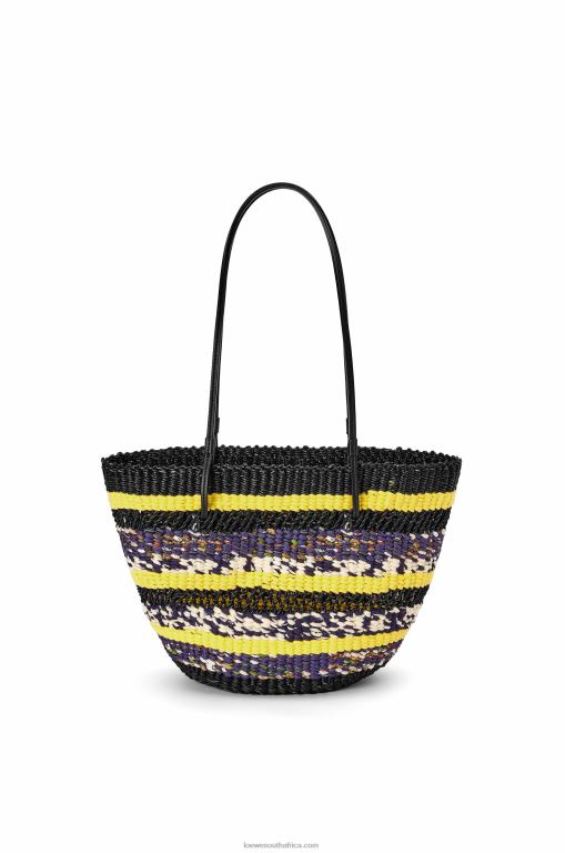 Loewe Women Basket Tote in elephant grass and calfskin 206XF96 Black/Yellow - Image 4
