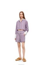 Loewe Women Cropped hooded shirt in striped cotton 206XF857 Blue/Red