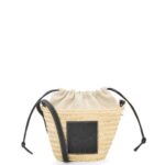 Loewe Women Drawstring bucket bag in palm leaf and calfskin 206XF24 Natural/Black