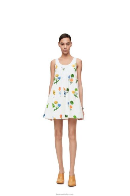 Loewe Women Flower trapeze dress in cotton poplin 206XF1080 White/Multicolor