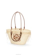 Loewe Women Frayed Anagram basket bag in iraca palm and calfskin 206XF54 Natural/Tan - Image 2