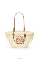 Loewe Women Frayed Anagram basket bag in iraca palm and calfskin 206XF54 Natural/Tan