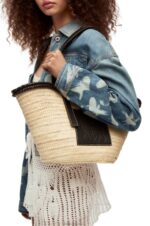 Loewe Women Inlay Basket bag in palm leaf and calfskin 206XF27 Natural/Black - Image 2