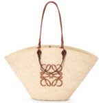 Loewe Women Large Anagram Basket bag in iraca palm and calfskin 206XF17 Natural/Tan