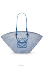 Loewe Women Large Anagram basket bag in iraca palm and calfskin 206XF2 Denim Blue