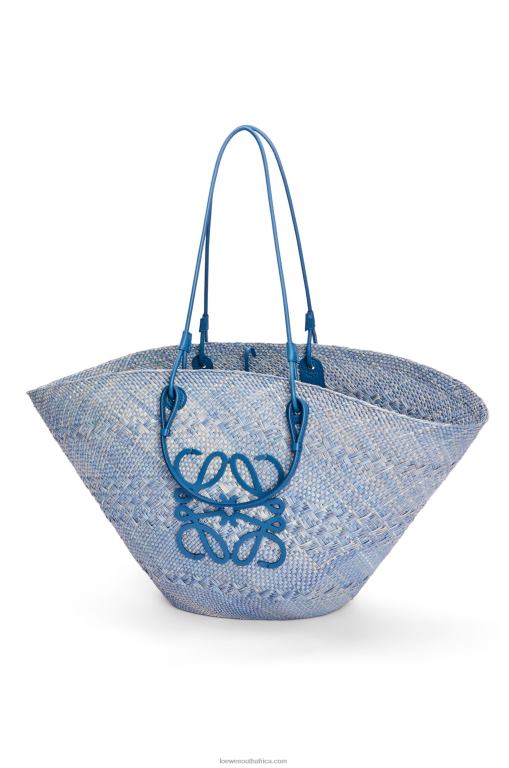 Loewe Women Large Anagram basket bag in iraca palm and calfskin 206XF2 Denim Blue - Image 3
