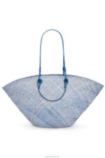 Loewe Women Large Anagram basket bag in iraca palm and calfskin 206XF2 Denim Blue - Image 4