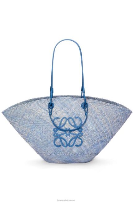 Loewe Women Large Anagram basket bag in iraca palm and calfskin 206XF2 Denim Blue