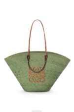 Loewe Women Large Anagram Basket bag in iraca palm and calfskin 206XF65 Green/Tan