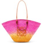 Loewe Women Large Anagram Basket bag in iraca palm and calfskin 206XF84 Fuchsia/Orange