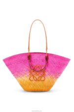 Loewe Women Large Anagram Basket bag in iraca palm and calfskin 206XF84 Fuchsia/Orange