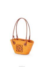 Loewe Women Mini Anagram Basket bag in iraca palm and calfskin 206XF97 Orange/Tan - Image 3