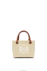 Loewe Women Mini Anagram Tote bag in jacquard and calfskin 206XF128 Ecru/Tan