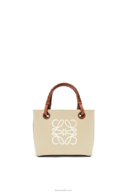 Loewe Women Mini Anagram Tote bag in jacquard and calfskin 206XF128 Ecru/Tan