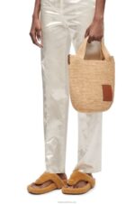 Loewe Women Mini Slit bag in raffia and calfskin 206XF10 Natural/Tan - Image 3