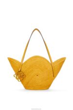 Loewe Women Petal basket bag in raffia and calfskin 206XF40 Ochre