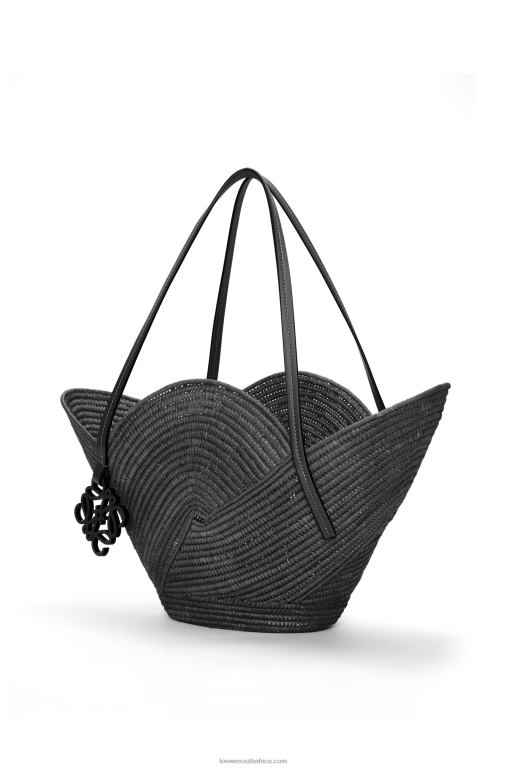 Loewe Women Petal basket bag in raffia and calfskin 206XF41 Black - Image 3