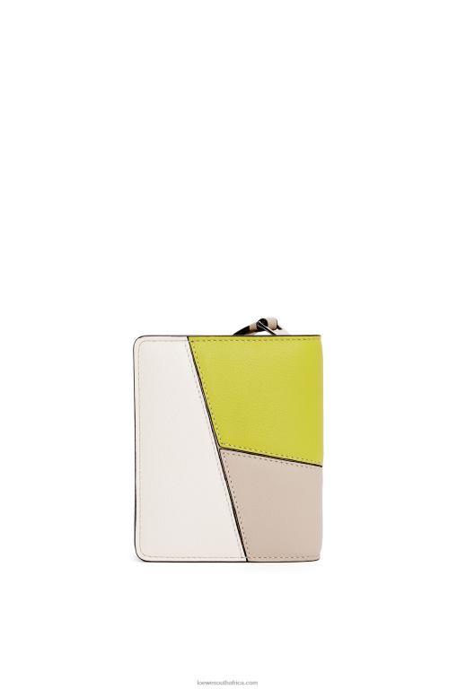 Loewe Women Puzzle compact zip wallet in classic calfskin 206XF1262 Lime Yellow/Light Oat - Image 4