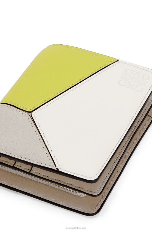 Loewe Women Puzzle compact zip wallet in classic calfskin 206XF1262 Lime Yellow/Light Oat - Image 5