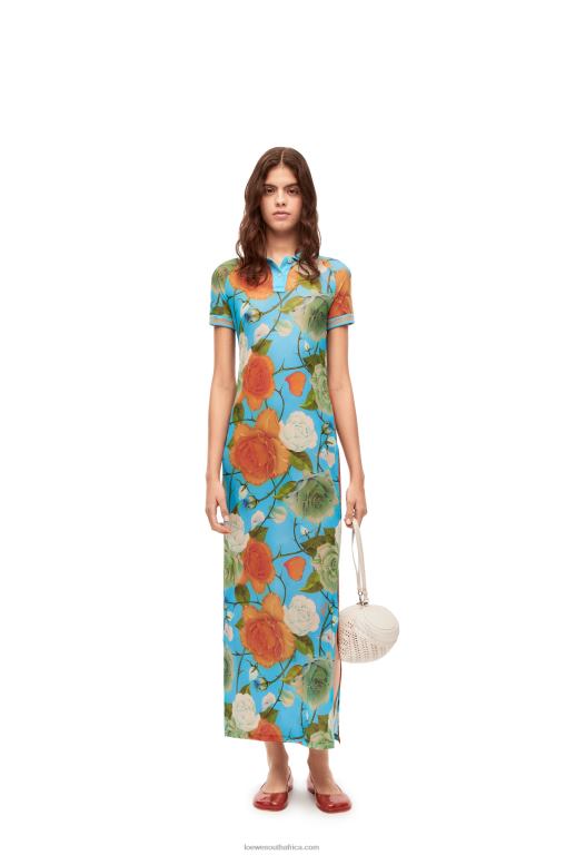 Loewe Women Roses polo dress in mesh 206XF1042 Blue/Multicolor - Image 1