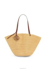 Loewe Women Shell Basket bag in elephant grass and calfskin 206XF63 Natural/Pecan