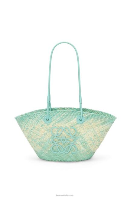 Loewe Women Small Anagram basket bag in iraca palm and calfskin 206XF110 Fresh Mint
