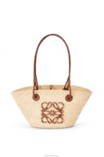 Loewe Women Small Anagram Basket bag in iraca palm and calfskin 206XF19 Natural/Tan