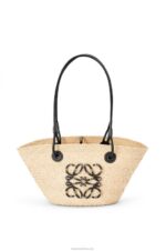 Loewe Women Small Anagram Basket bag in iraca palm and calfskin 206XF85 Natural/Black