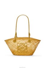 Loewe Women Small Anagram basket bag in iraca palm and calfskin 206XF8 Ochre