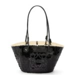 Loewe Women Small Anagram basket in sequinned iraca palm and calfskin 206XF71 Black