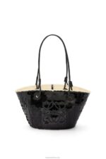 Loewe Women Small Anagram basket in sequinned iraca palm and calfskin 206XF71 Black