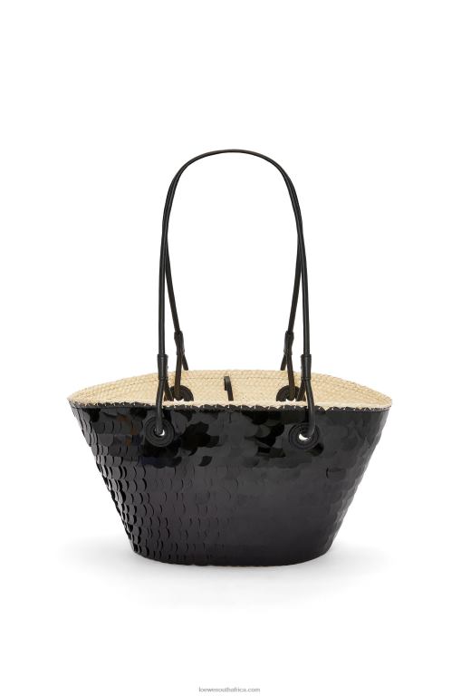 Loewe Women Small Anagram basket in sequinned iraca palm and calfskin 206XF71 Black - Image 3