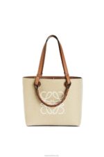 Loewe Women Small Anagram Tote bag in jacquard and calfskin 206XF121 Ecru/Tan