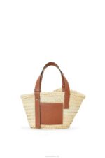 Loewe Women Small Basket bag in palm leaf and calfskin 206XF20 Natural/Tan
